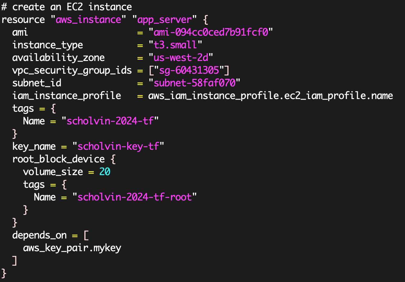 a snippet of terraform code for configuring this VM